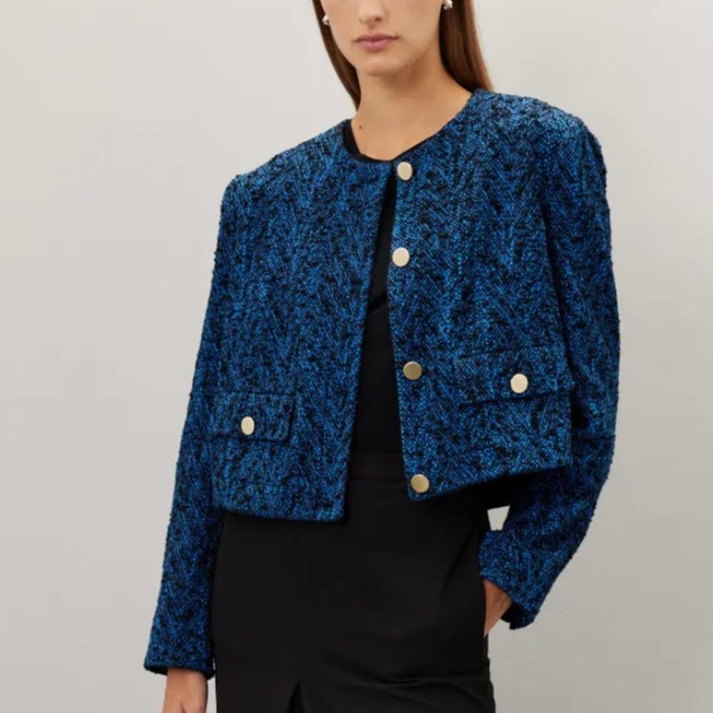 Hugo Boss Blue Tweed Blazer SIZE 6 Boucle Herringbone Cropped Old Money $500
